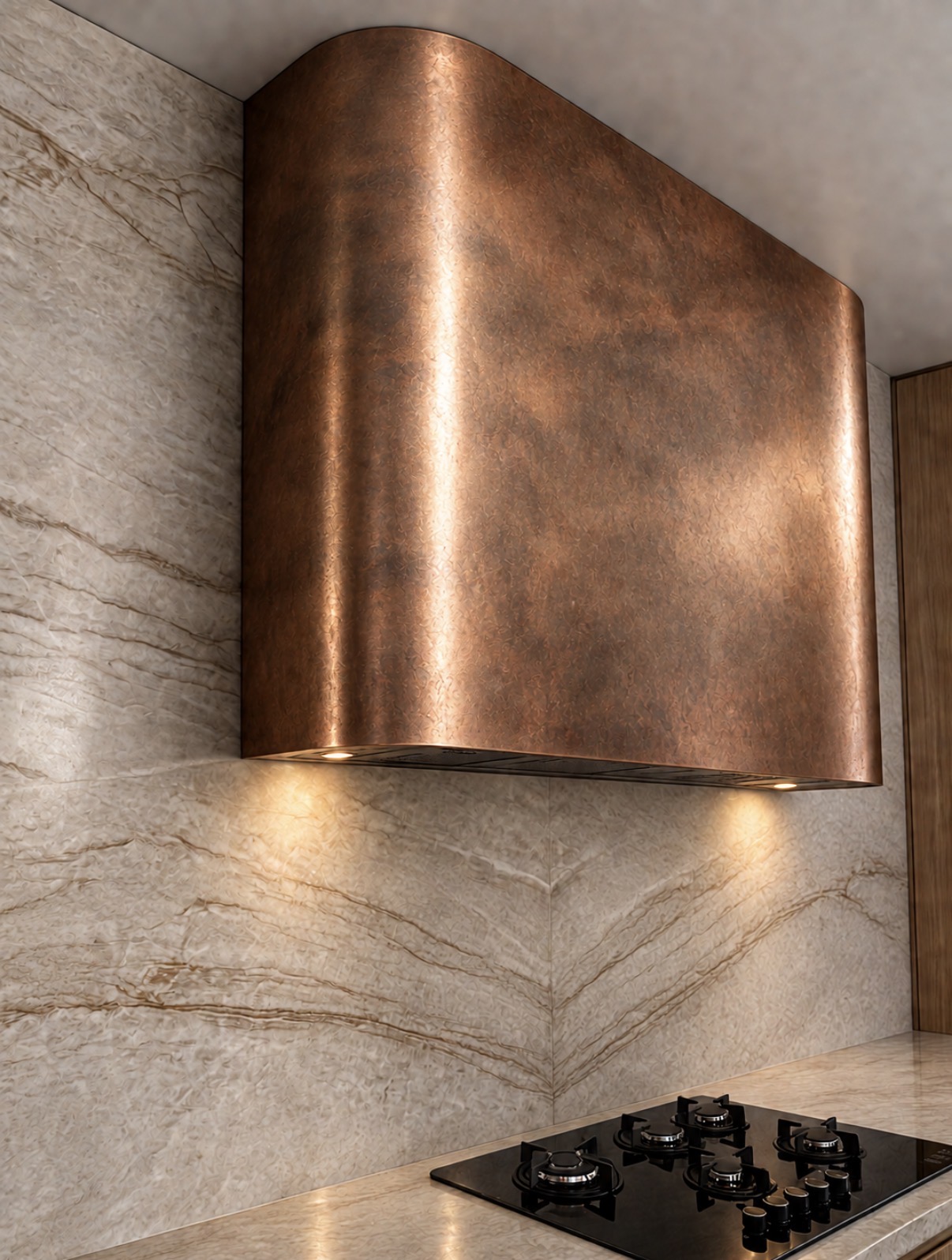 Sculptural copper-toned range hood against a veined stone splashback
