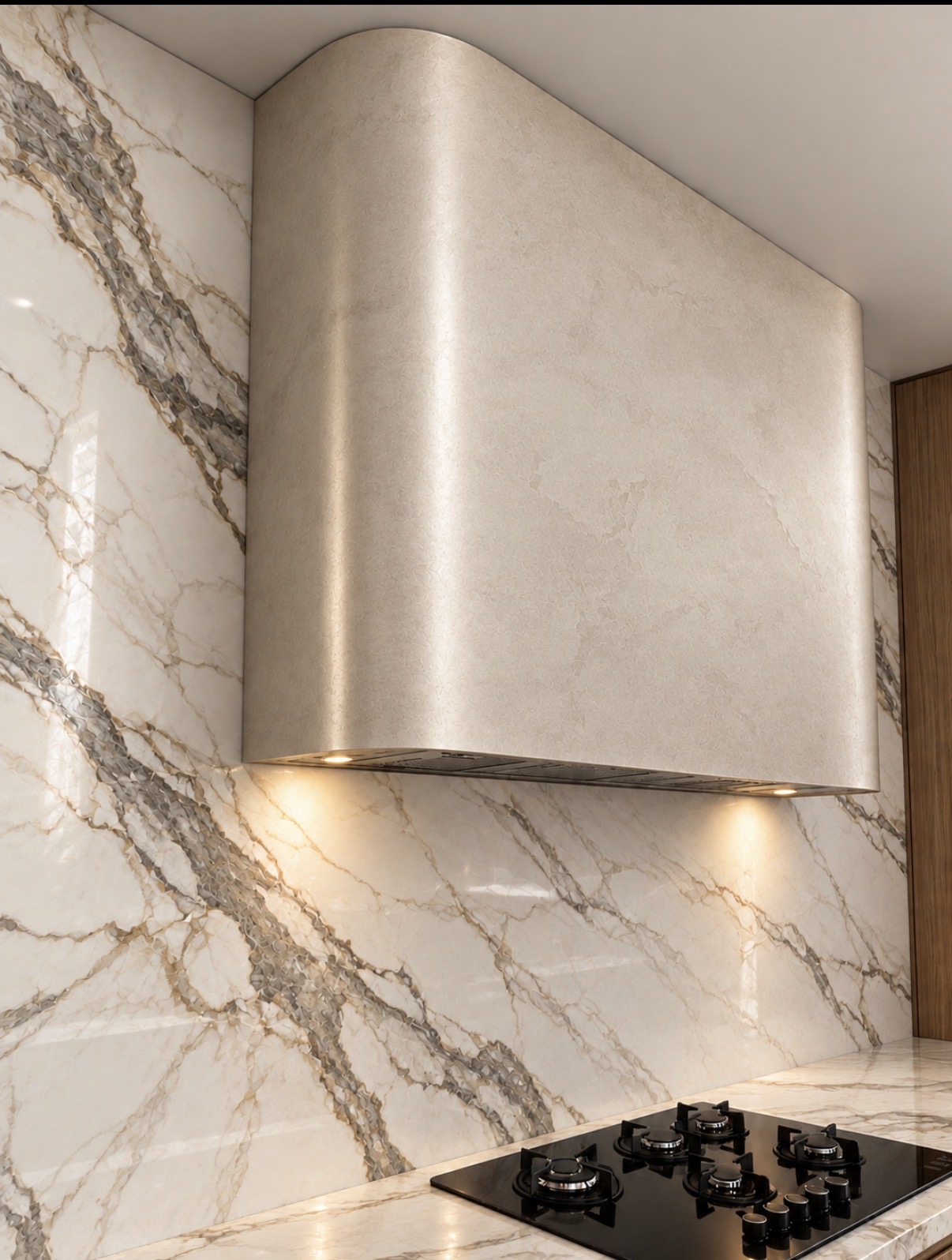 A pale curved range hood against veined marble